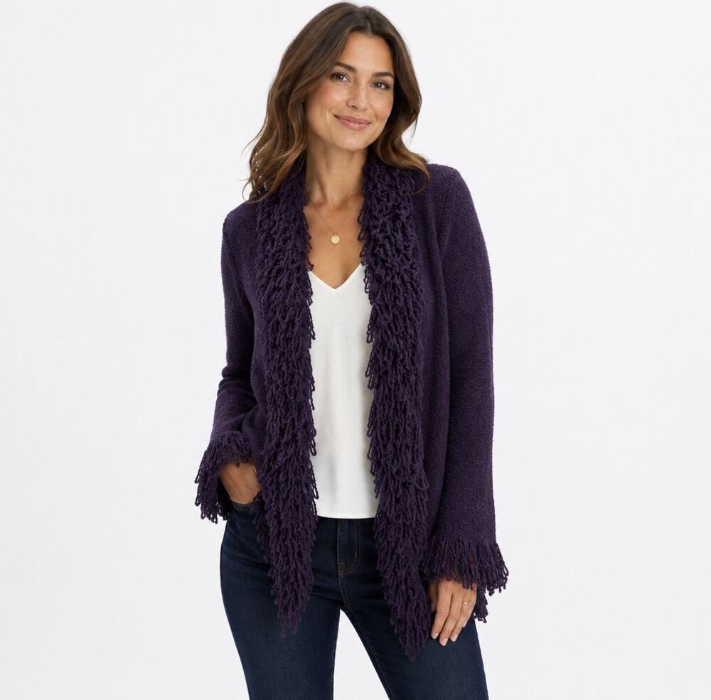 Josephine Chaus Purple Open Front Fringe Cardigan Sweater Women’s Small Cozy
